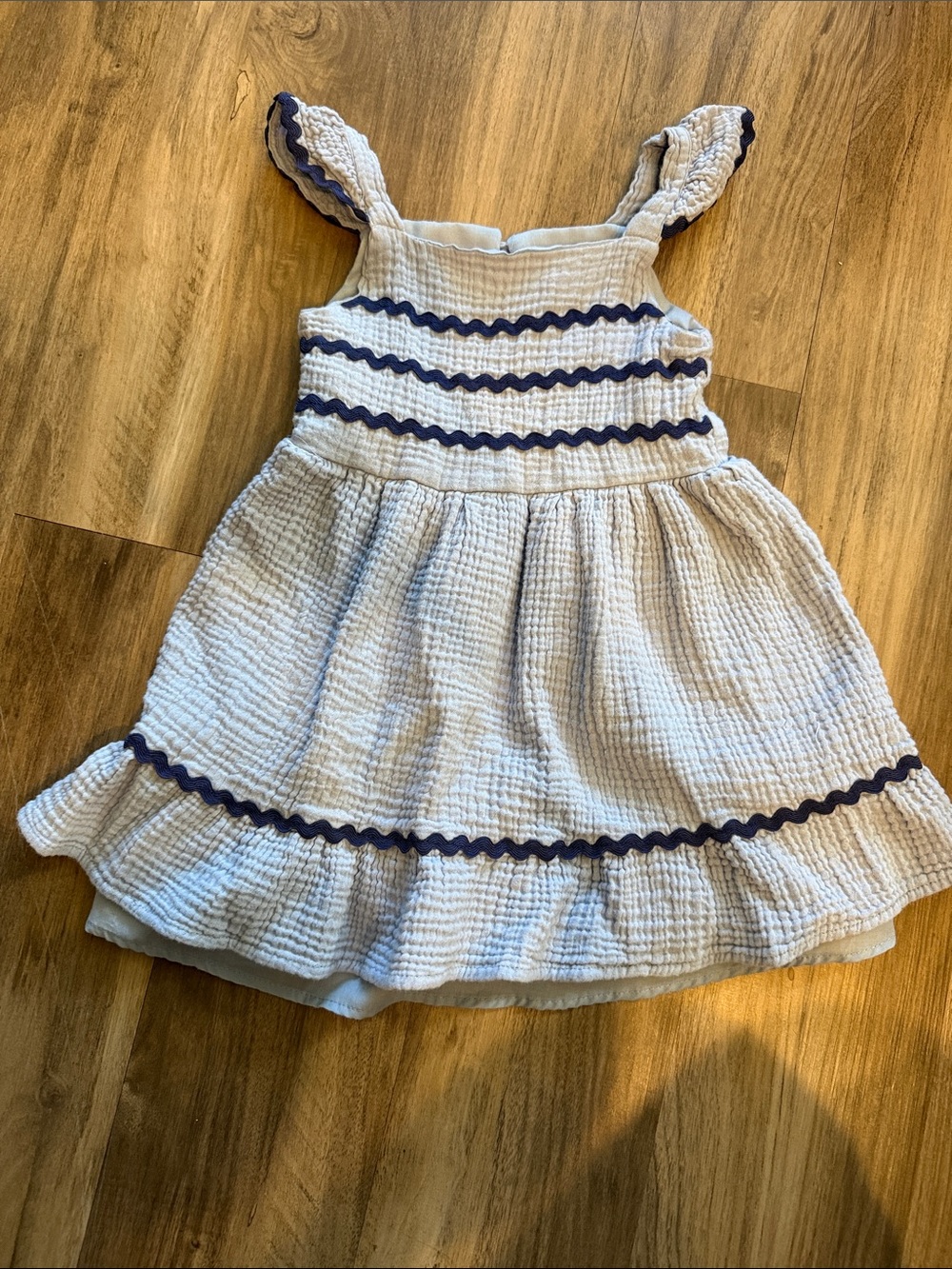 Girls' Light Blue Textured Sleeveless Dress with Navy Trim